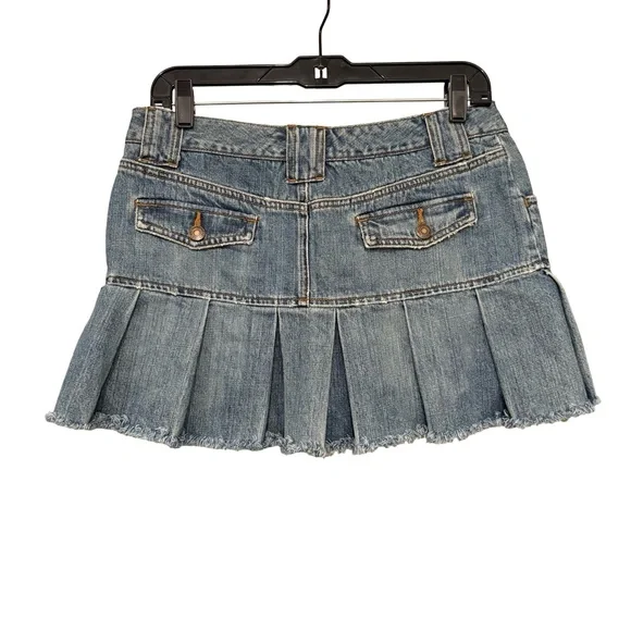 Y2k American Eagle Distressed Micro Denim Pleated Mini Skirt Fringe Hem, Sz 6 - Picture 2 of 14